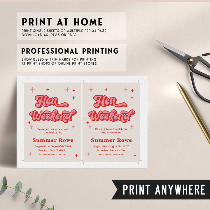 editable hen weekend invitation in 70s style. Fully editable hen party invitation that can be printed at home or with a print company