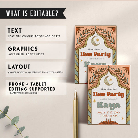 60s Gypsy Boho-inspired editable hen weekend invitation is the perfect way to add a touch of free-spirited charm to your special day