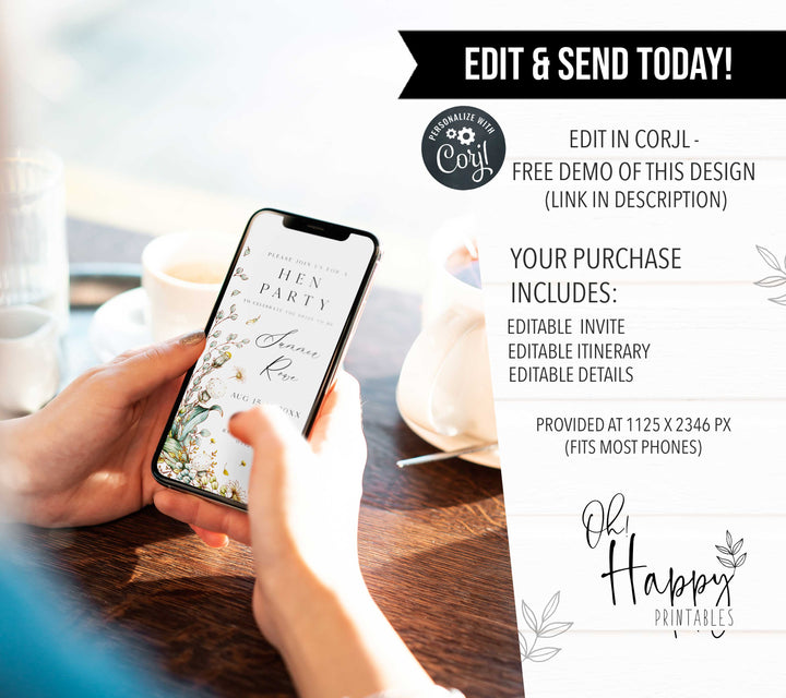 editable summer garden bridal shower mobile invitation, printable floral hen party invitation, summer garden bridal theme