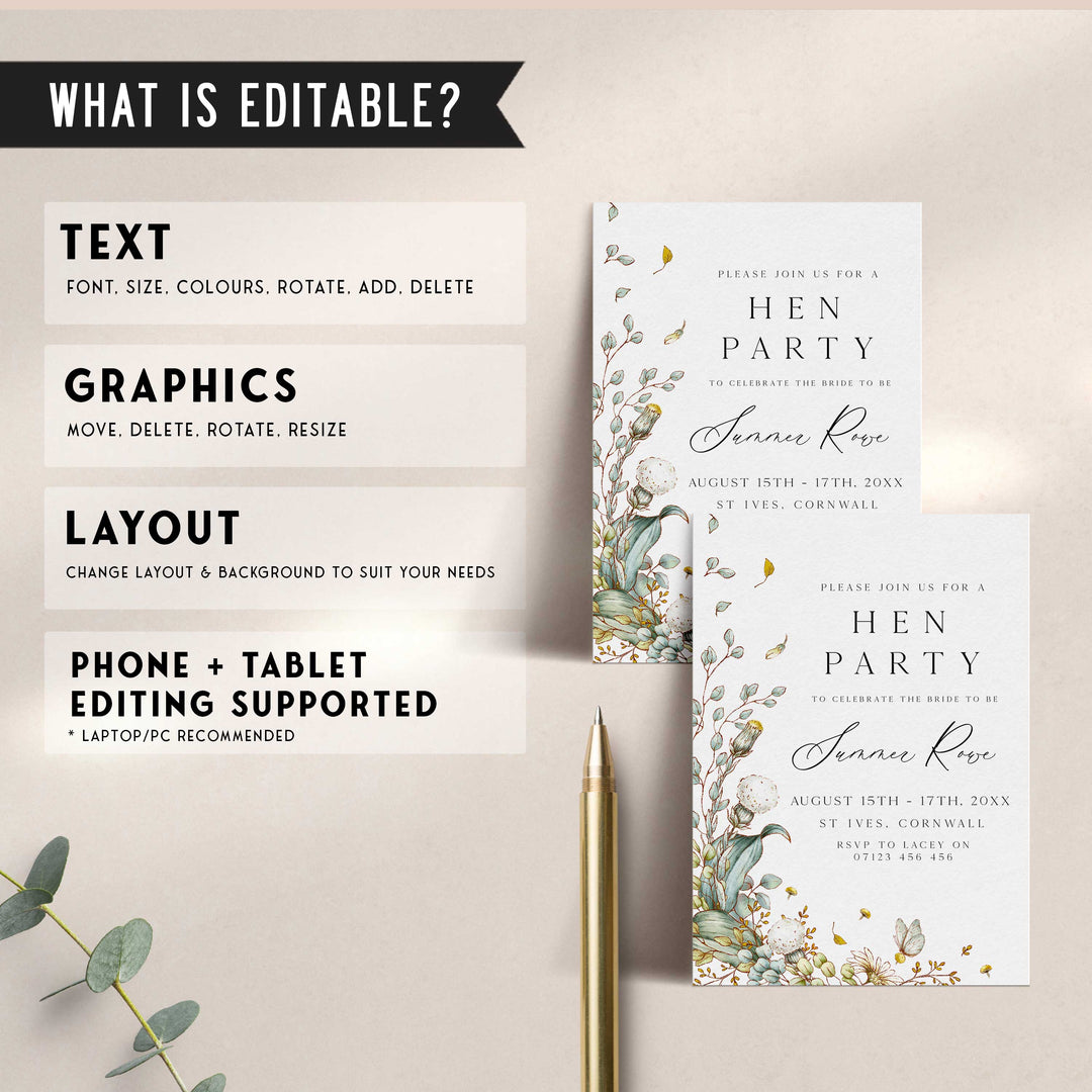 editable summer garden bridal shower invitation, printable floral hen party invitation, summer garden bridal theme