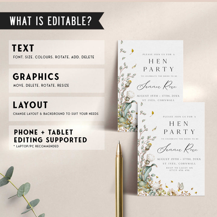 editable summer garden bridal shower invitation, printable floral hen party invitation, summer garden bridal theme