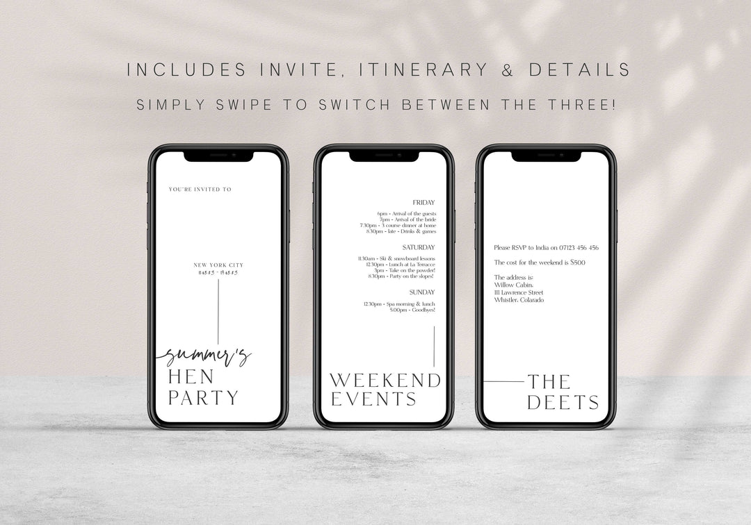Fully editable, printable and mobile bachelorette invitation and welcome signs with a modern minimalist design. Perfect for a modern minimalist Bachelorette themed party