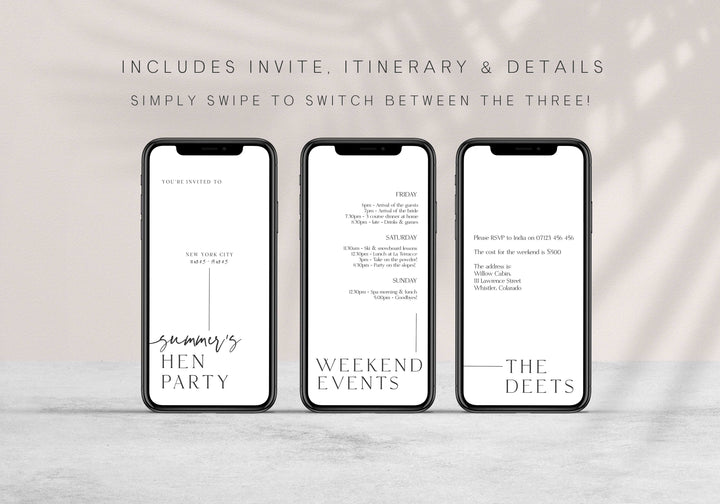 Fully editable, printable and mobile bachelorette invitation and welcome signs with a modern minimalist design. Perfect for a modern minimalist Bachelorette themed party
