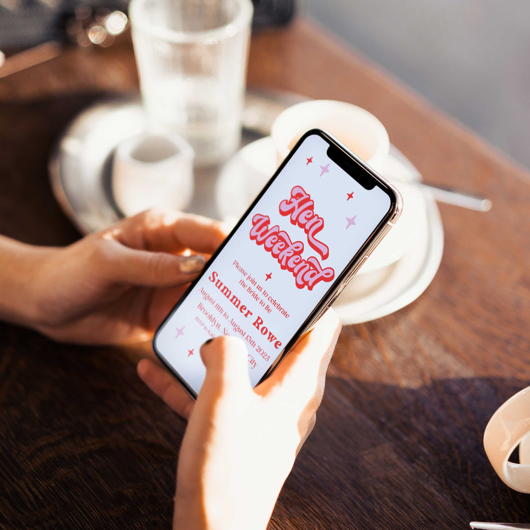 editable bridal shower invitation in a 70s style. Easy to edit and download and ready to send to friends via WhatsApp, Facebook, or SMS