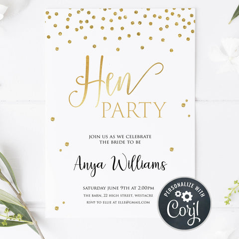 gold hen party editable invitation, printable hen party invitation, gold hen party ideas, bachelorette party invitations