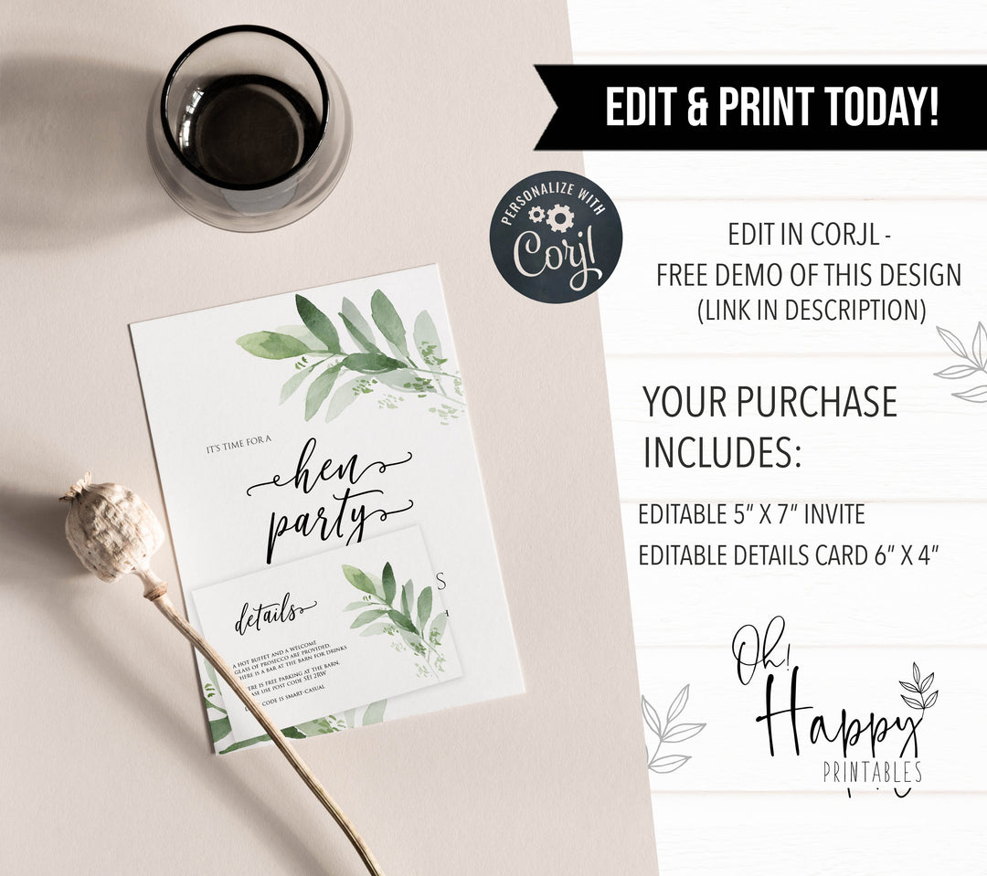 editable hen party invitation, greenery bridal shower invite, mobile invites, editable bridal shower invite, corjl bridal invite, bachelorette party invite