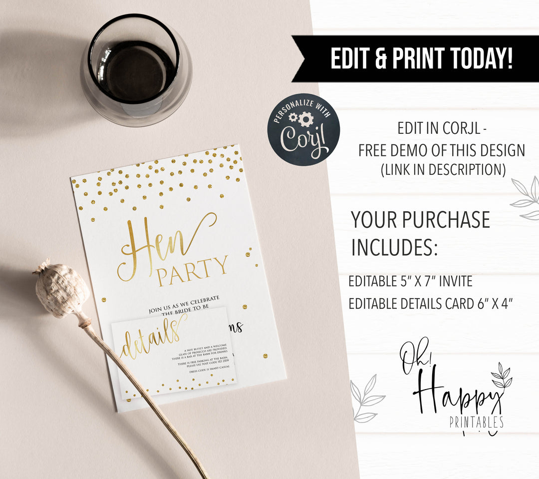 gold hen party editable invitation, printable hen party invitation, gold hen party ideas, bachelorette party invitations