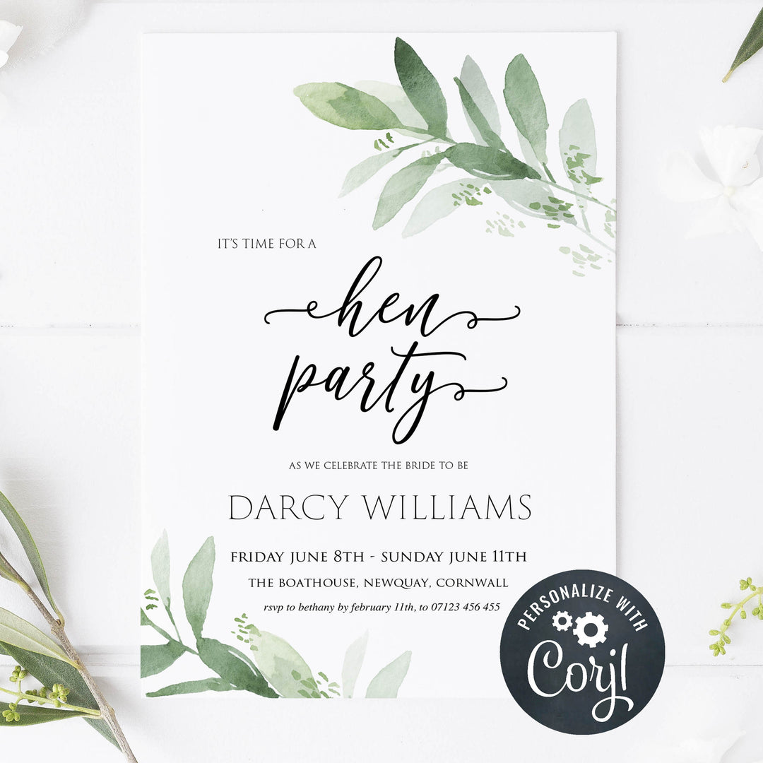 editable hen party invitation, greenery bridal shower invite, mobile invites, editable bridal shower invite, corjl bridal invite, bachelorette party invite