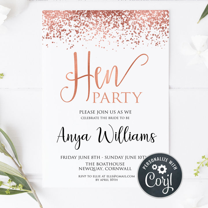 Hen party invite, rose gold hen party invite, editable hen party invite, corjl editable invite, cell phone bridal shower invite