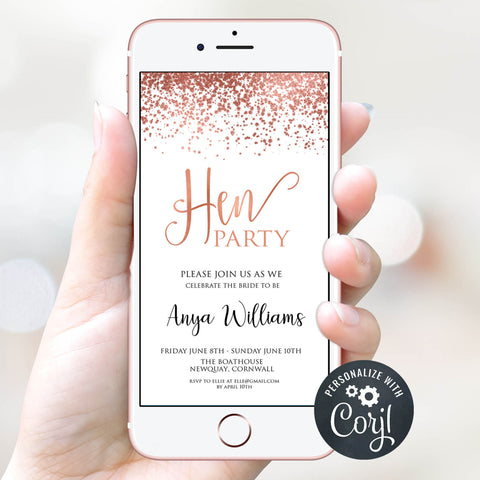 rose gold hen party invite, editable hen party invite, corjl editable invite, cell phone bridal shower invite