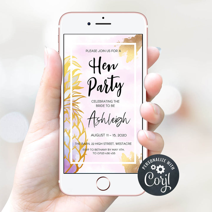 pineapple editable hen party invitation, editable hen party invite, editable mobile hen party invitation