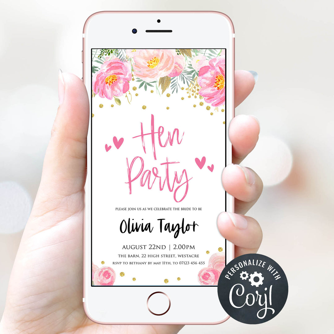editable hen party invite, hen party invitation, blush floral bridal shower invitation, mobile bridal shower invitation, editable bridal invite, corjl bridal shower invite