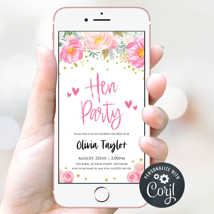 editable hen party invite, hen party invitation, blush floral bridal shower invitation, mobile bridal shower invitation, editable bridal invite, corjl bridal shower invite