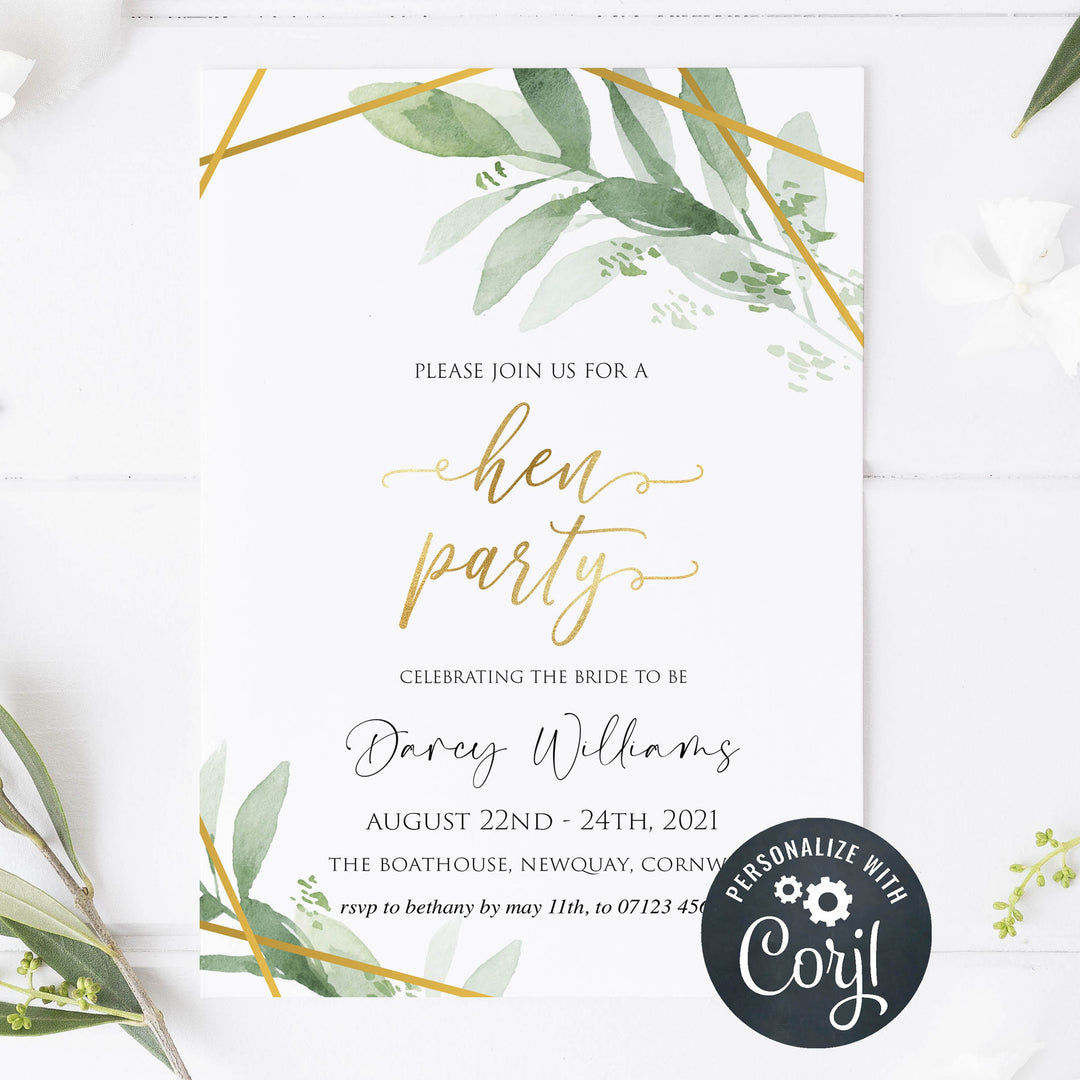 hen party invitations, editable bridal shower invitations, printable bachelorette invitations, gold greenery bridal shower invites, greenery bridal shower ideas