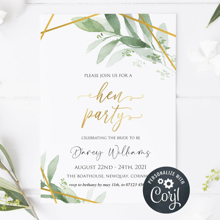 hen party invitations, editable bridal shower invitations, printable bachelorette invitations, gold greenery bridal shower invites, greenery bridal shower ideas