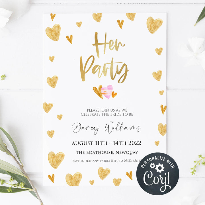 gold hearts bridal shower invitations, printable bridal shower invites, editable bridal shower invitations, bachelorette party invites, hen party invitations