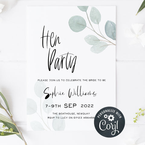 editable bridal shower invitations, printable bridal shower invitations, eucalyptus bridal shower, bachelorette invitations, hen party invites