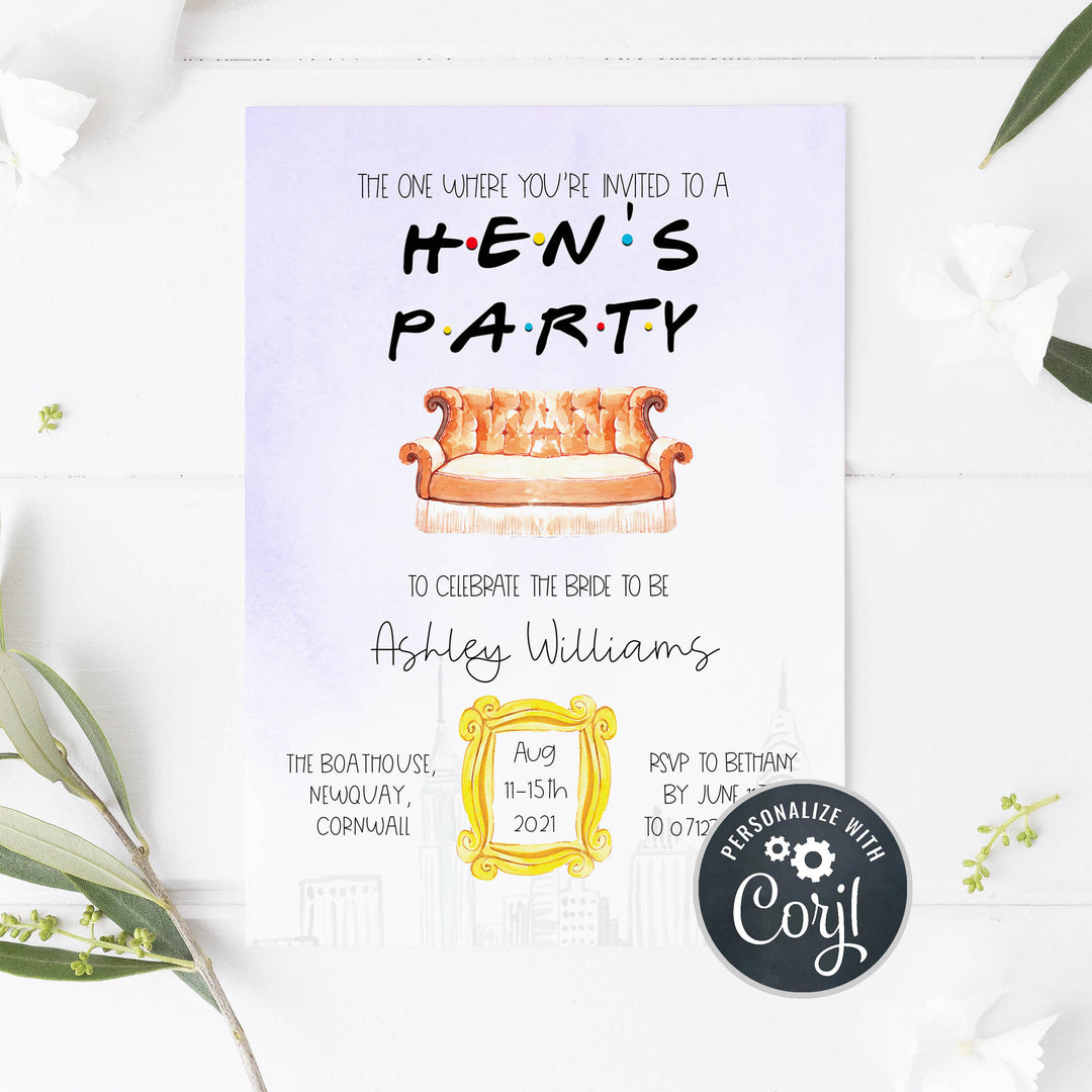 editable friends hen party invitations, printable hens party invitation, friends hen party invitation, printable bridal shower invitations, friends bridal shower theme