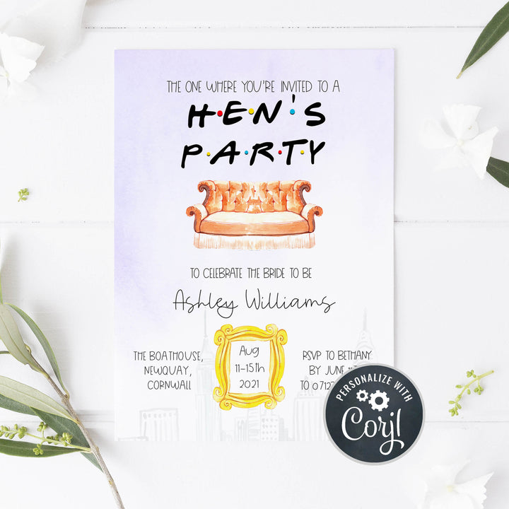 editable friends hen party invitations, printable hens party invitation, friends hen party invitation, printable bridal shower invitations, friends bridal shower theme