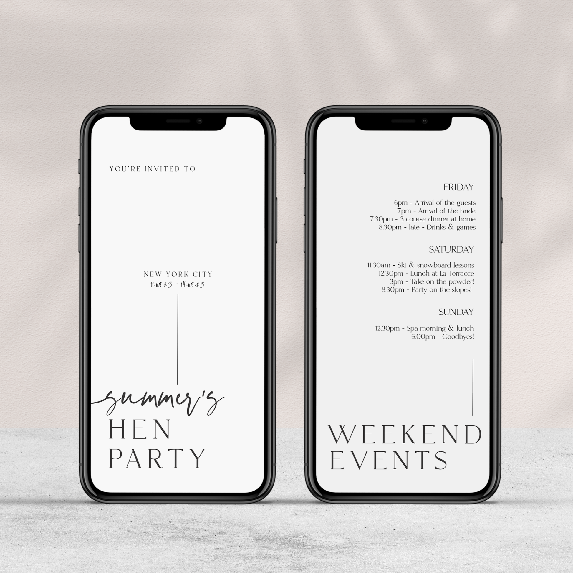 Fully editable, printable and mobile bachelorette invitation and welcome signs with a modern minimalist design. Perfect for a modern minimalist Bachelorette themed party