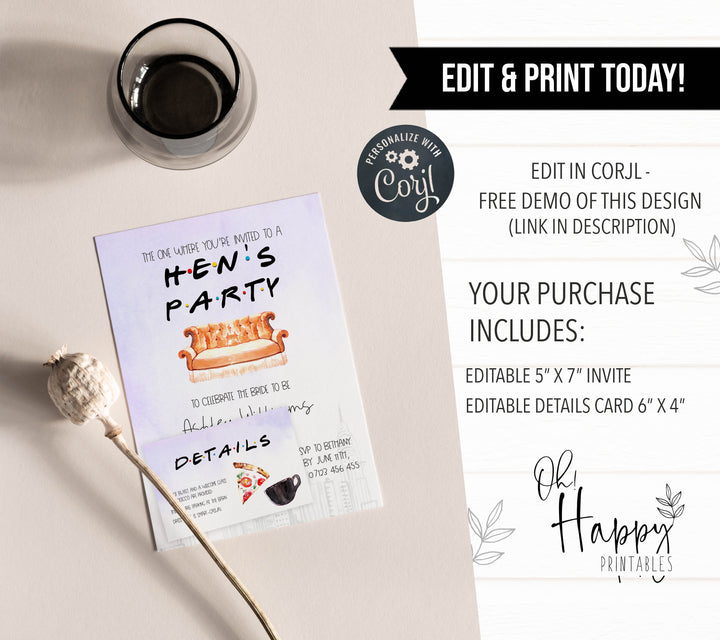 editable friends hen party invitations, printable hens party invitation, friends hen party invitation, printable bridal shower invitations, friends bridal shower theme
