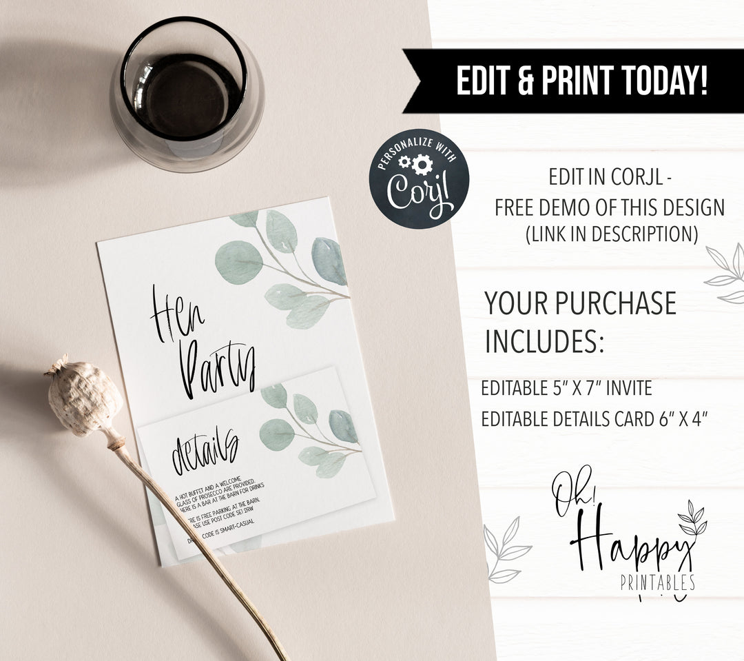 editable bridal shower invitations, printable bridal shower invitations, eucalyptus bridal shower, bachelorette invitations, hen party invites