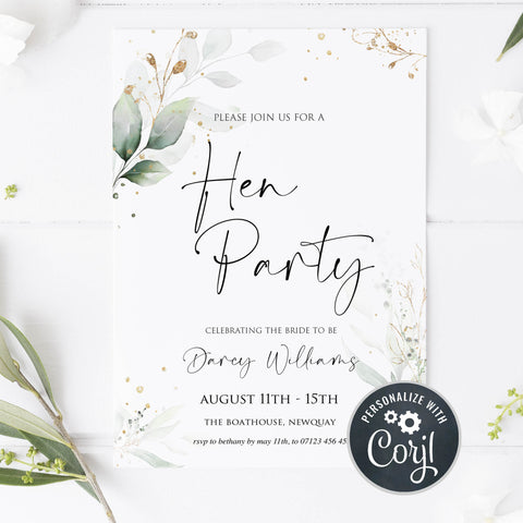 hen party invitations, editable bridal shower invitations, printable bridal shower invites, floral bachelorette invites, hen party invitations, gold floral bridal invitations
