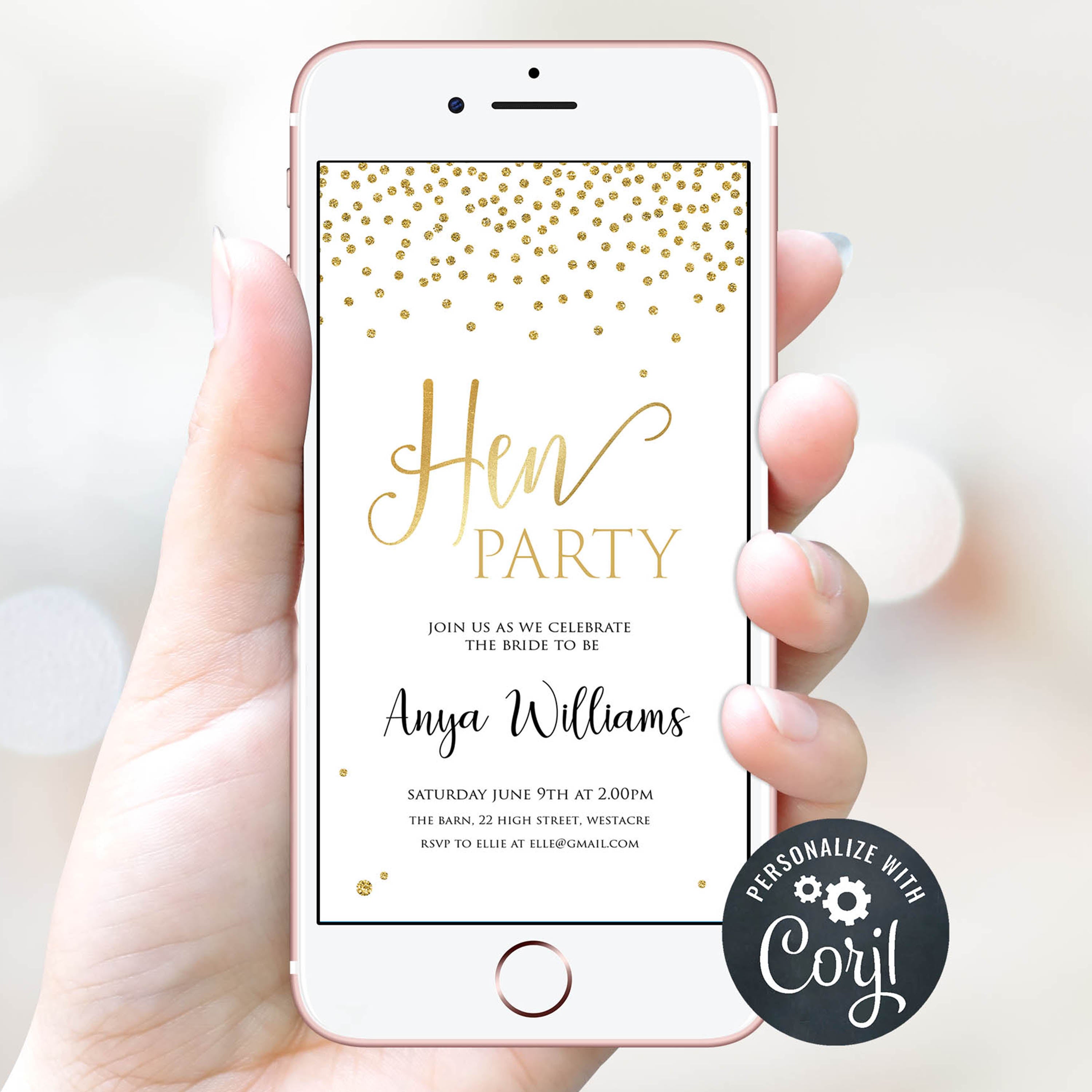 editable hen party invitation, gold hen party invitation, mobile hen party invitations, gold bridal invites, hen party ideas