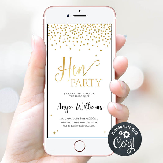 editable hen party invitation, gold hen party invitation, mobile hen party invitations, gold bridal invites, hen party ideas