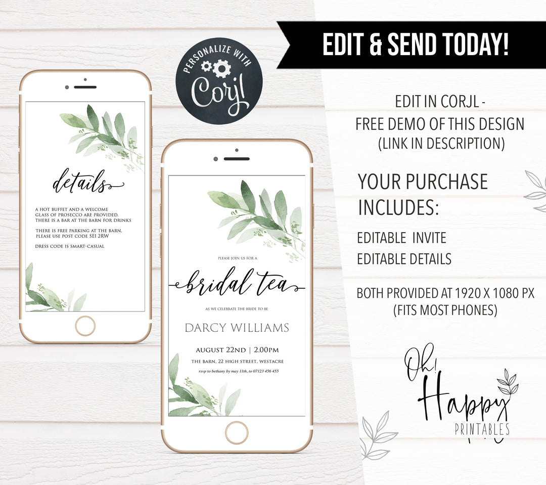 editable hen party invite, hen party mobile invite, greenery bridal shower invite, mobile invites, editable bridal shower invite, corjl bridal invite, bachelorette party invite