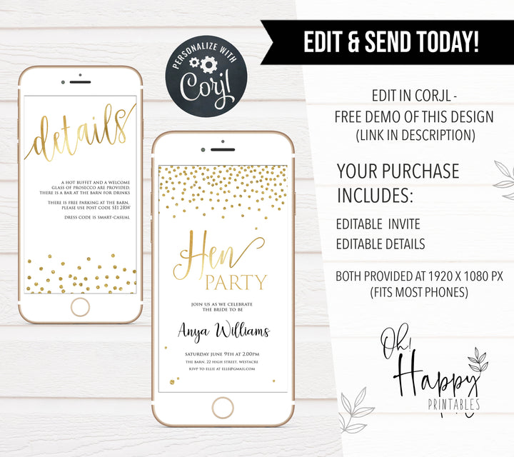 editable hen party invitation, gold hen party invitation, mobile hen party invitations, gold bridal invites, hen party ideas