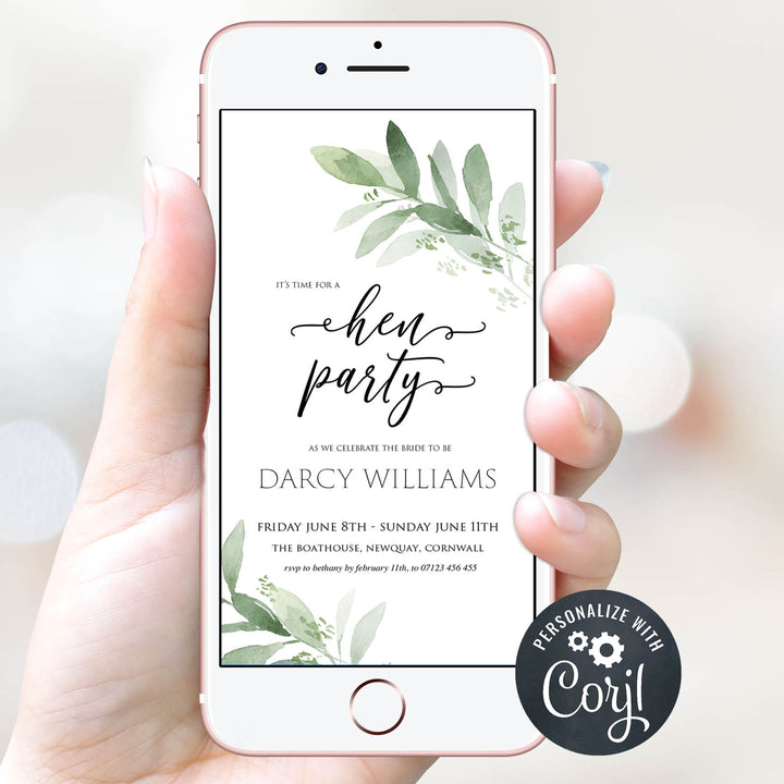 editable hen party invite, hen party mobile invite, greenery bridal shower invite, mobile invites, editable bridal shower invite, corjl bridal invite, bachelorette party invite