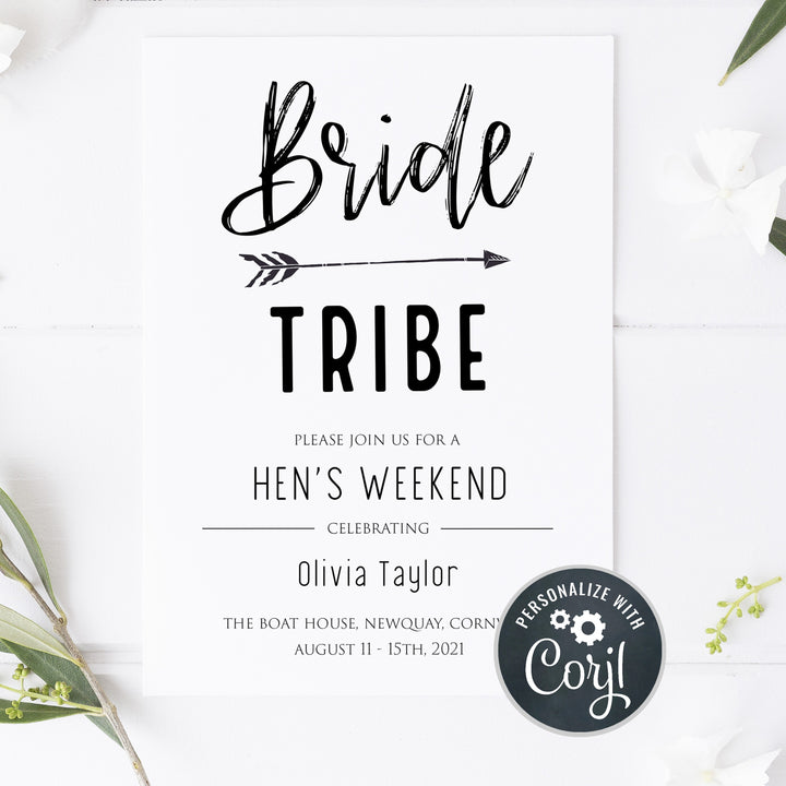 hen party weekend invitation, bride tribe bachelorette invitations, printable bachelorette invitations, editable bachelorette invitations, bride tribe bridal theme