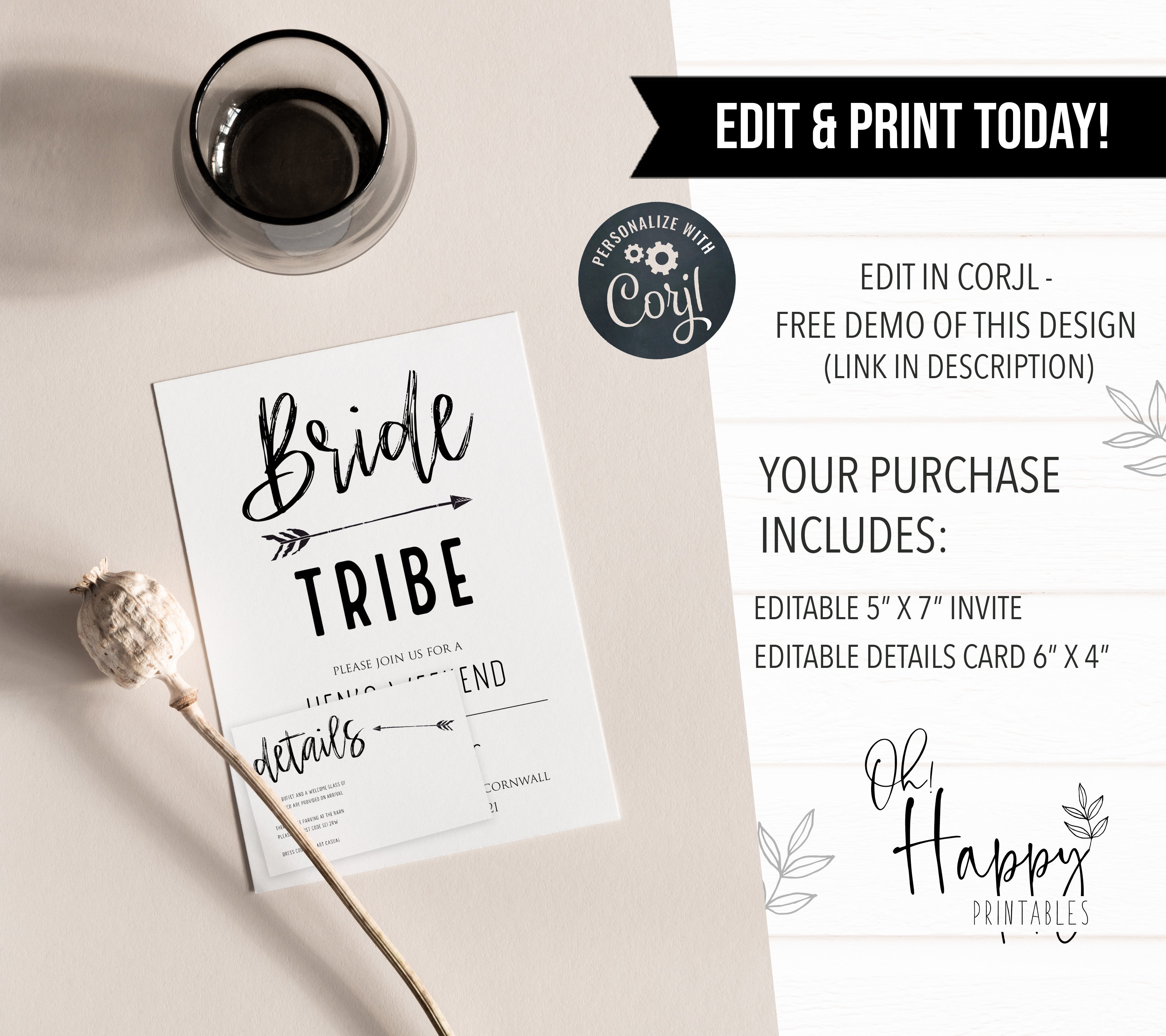 hen party weekend invitation, bride tribe bachelorette invitations, printable bachelorette invitations, editable bachelorette invitations, bride tribe bridal theme