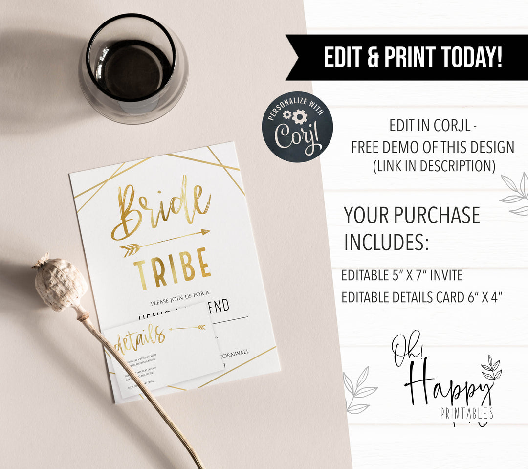 bride tribe bachelorette invitations, printable bachelorette invitations, editable bachelorette invitations, bride tribe bridal theme