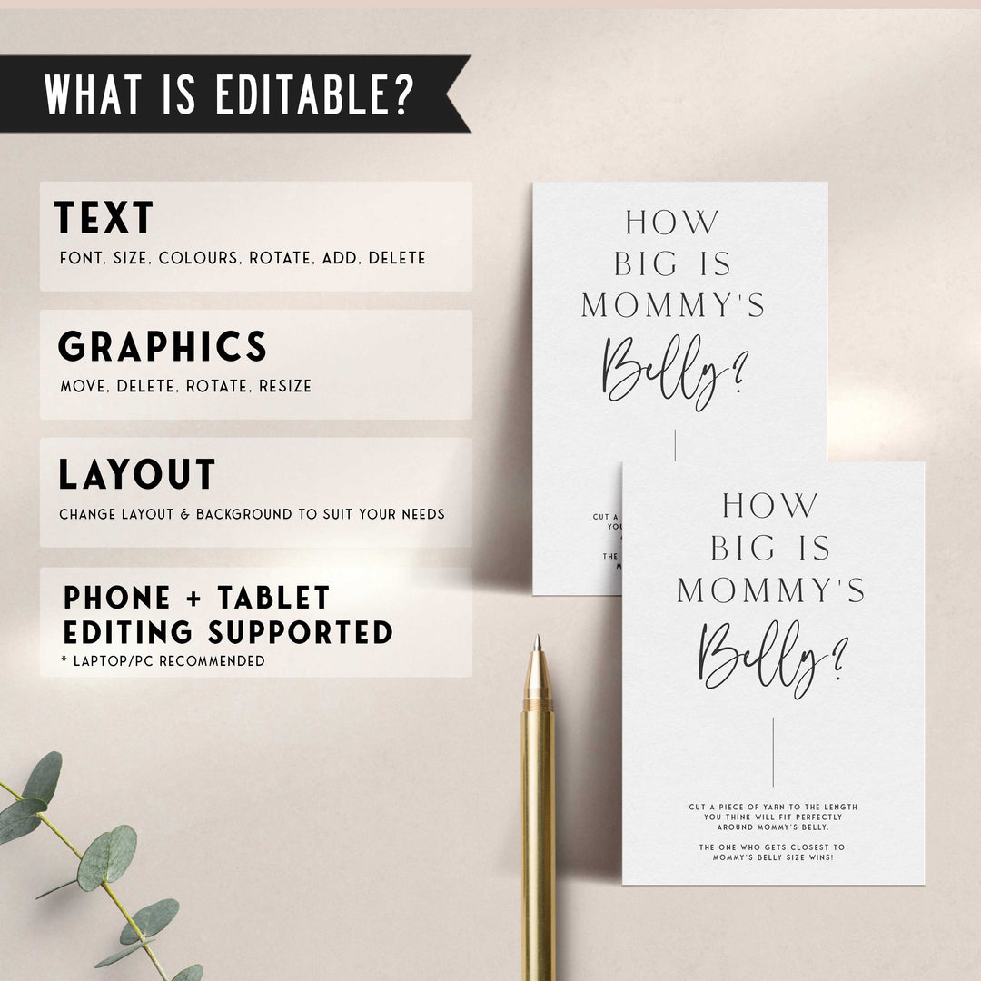 Printable baby shower game how big is mommy's belly with a modern minimalist design