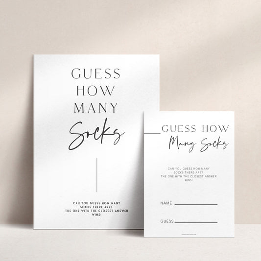 Printable baby shower game guess the number of socks with a modern minimalist design