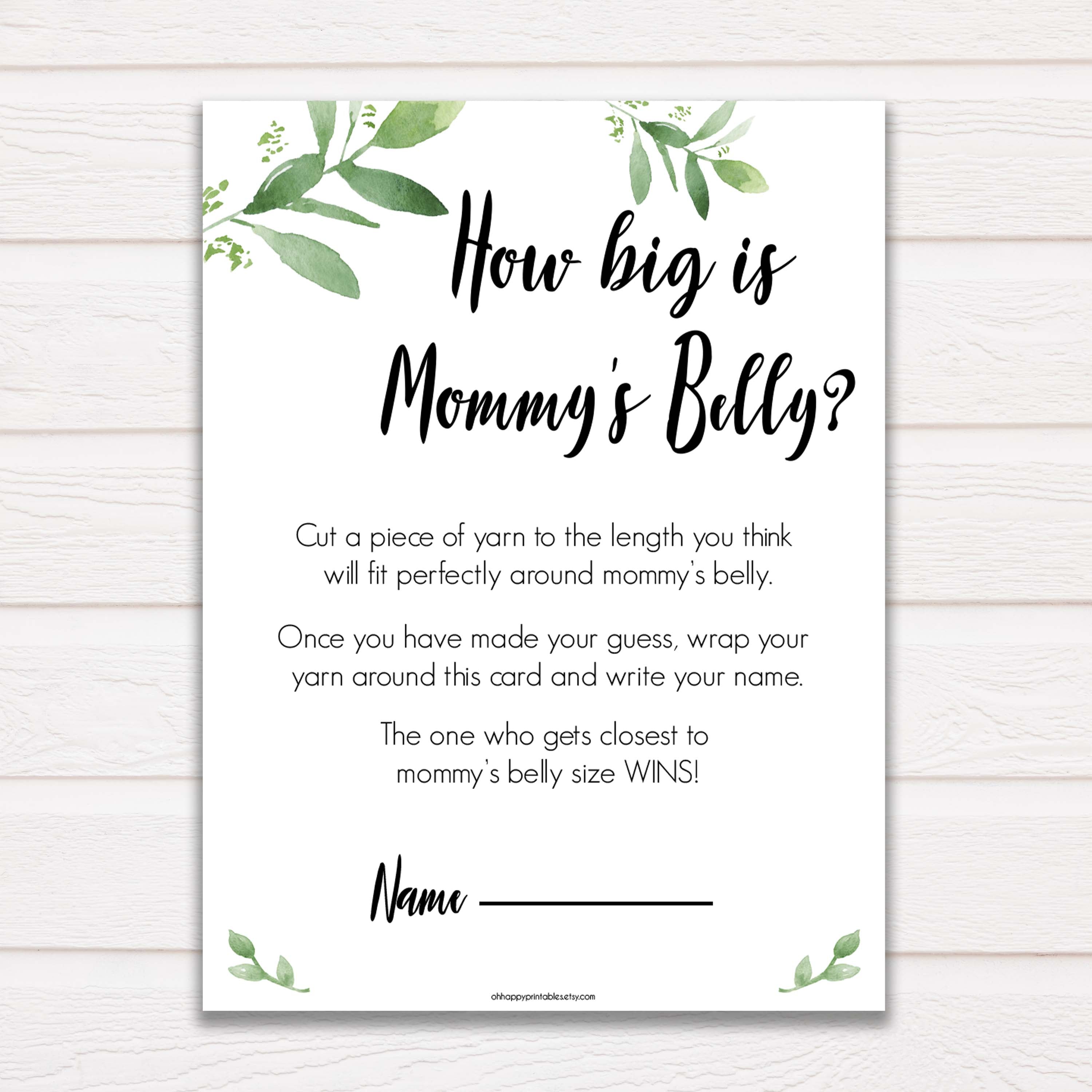 Botanical How Big Is Mommy's Belly, Mommys Belly Game, Baby Shower Games, Greenery Baby Games, Green Guess Mommys Belly, Baby Games
