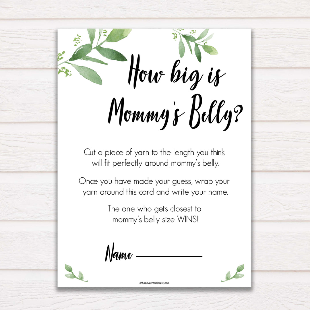 Botanical How Big Is Mommy's Belly, Mommys Belly Game, Baby Shower Games, Greenery Baby Games, Green Guess Mommys Belly, Baby Games
