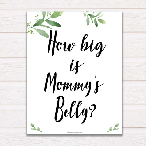 Botanical How Big Is Mommy's Belly, Mommys Belly Game, Baby Shower Games, Greenery Baby Games, Green Guess Mommys Belly, Baby Games