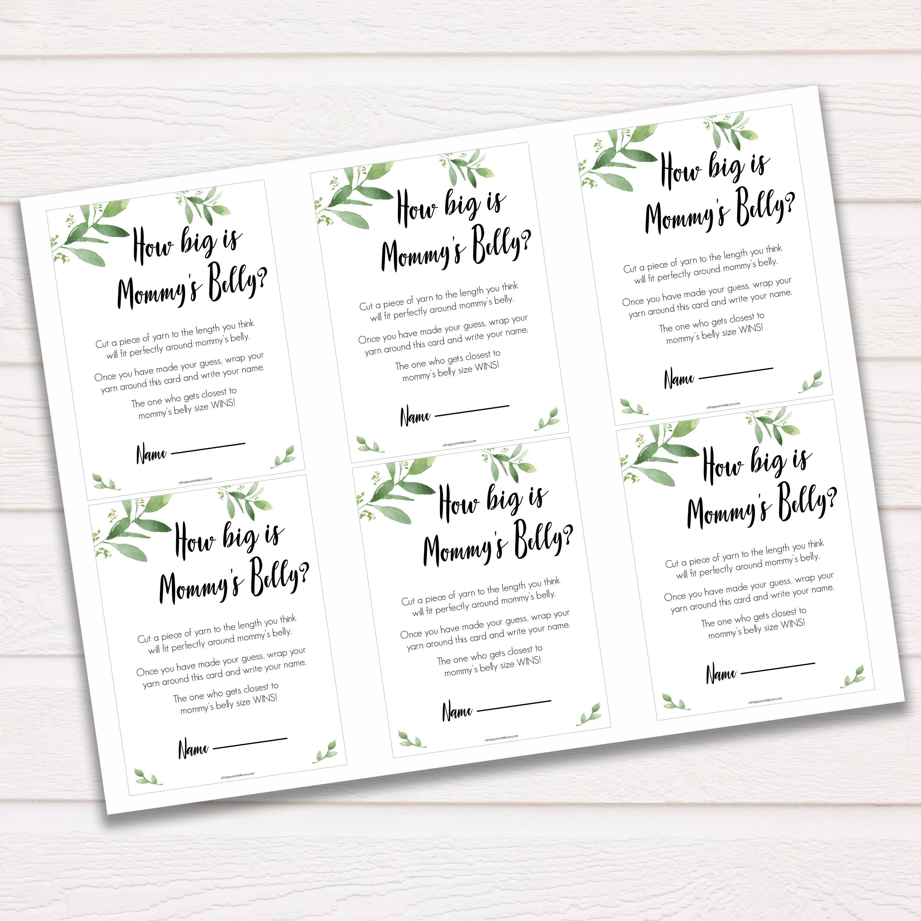 Botanical How Big Is Mommy's Belly, Mommys Belly Game, Baby Shower Games, Greenery Baby Games, Green Guess Mommys Belly, Baby Games