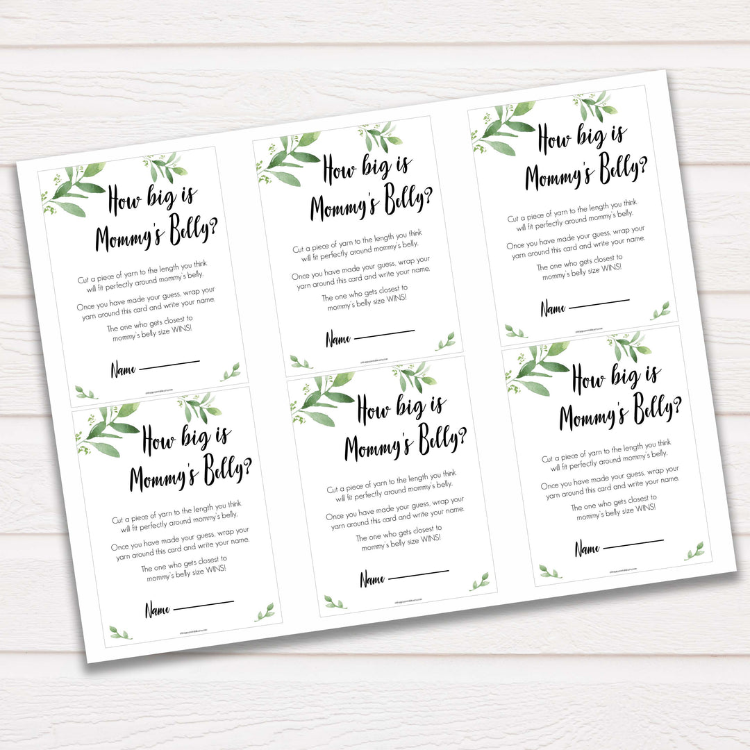 Botanical How Big Is Mommy's Belly, Mommys Belly Game, Baby Shower Games, Greenery Baby Games, Green Guess Mommys Belly, Baby Games