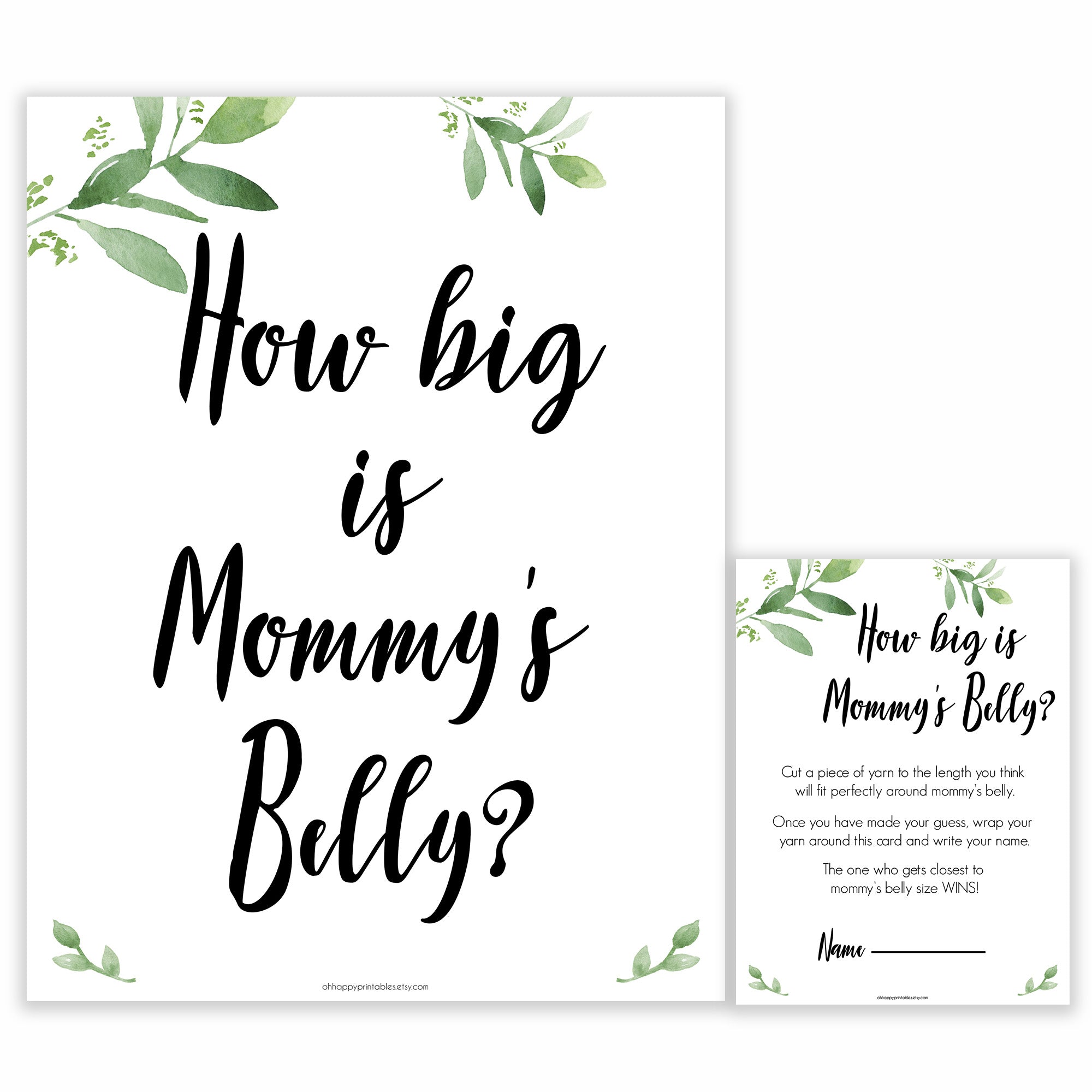 Botanical How Big Is Mommy's Belly, Mommys Belly Game, Baby Shower Games, Greenery Baby Games, Green Guess Mommys Belly, Baby Games, printable baby games