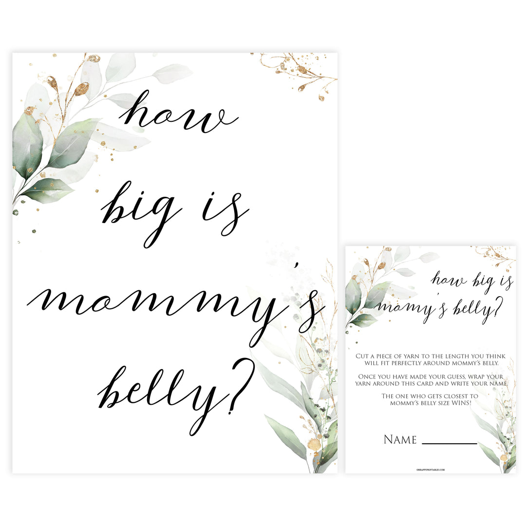 Gold green leaf baby games, how big is mommys belly, printable baby games, fun baby games, top baby games to play, gold leaf baby shower, greenery baby shower ideas