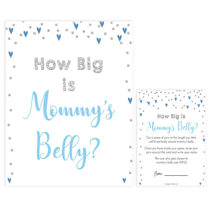 How big is mommys belly, Printable baby shower games, small blue hearts fun baby games, baby shower games, fun baby shower ideas, top baby shower ideas, silver baby shower, blue hearts baby shower ideas