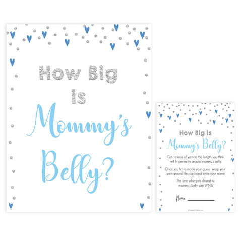 How big is mommys belly, Printable baby shower games, small blue hearts fun baby games, baby shower games, fun baby shower ideas, top baby shower ideas, silver baby shower, blue hearts baby shower ideas