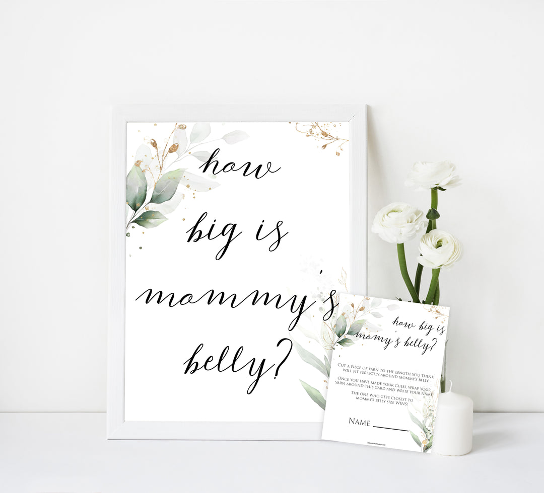 Gold green leaf baby games, how big is mommys belly, printable baby games, fun baby games, top baby games to play, gold leaf baby shower, greenery baby shower ideas