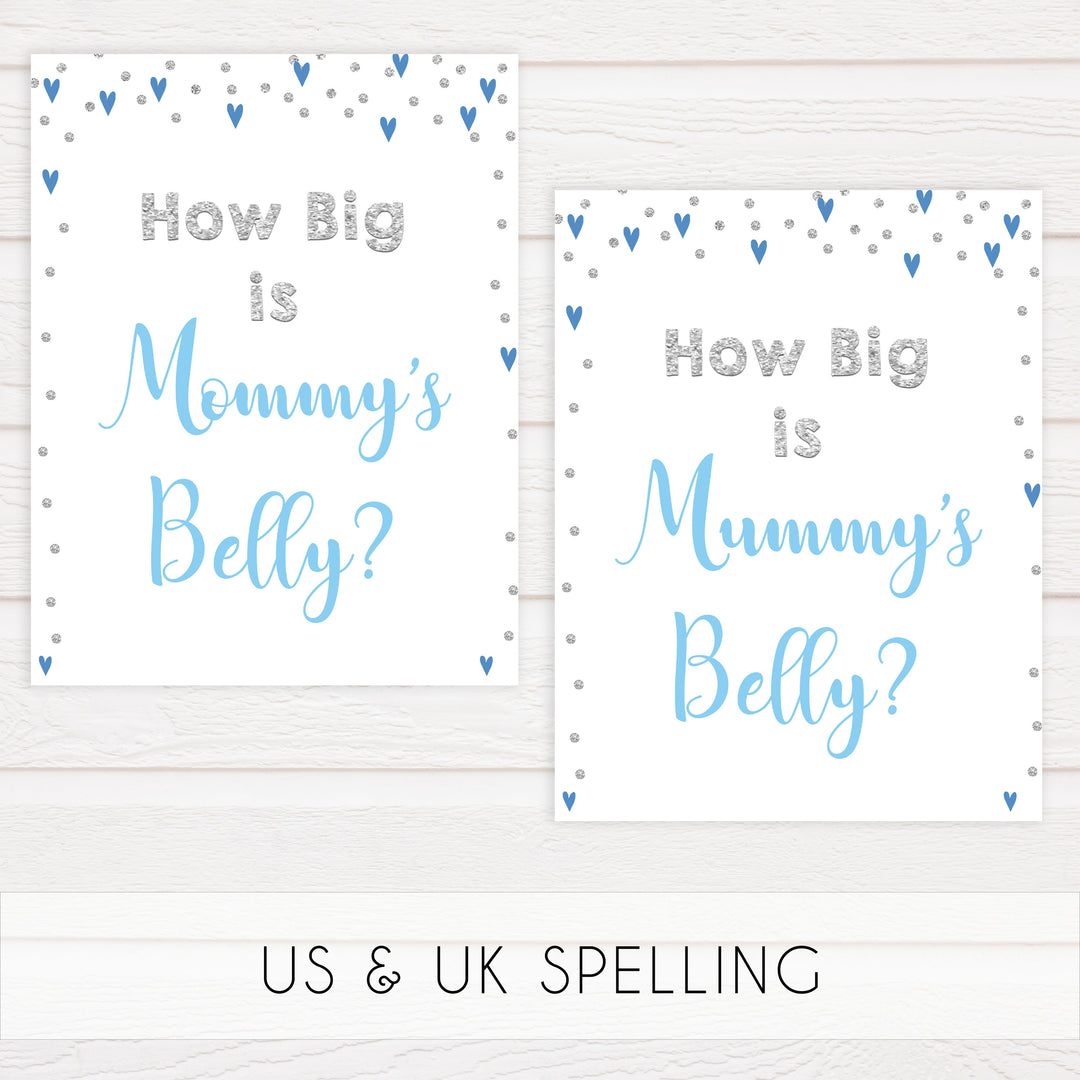 How big is mommys belly, Printable baby shower games, small blue hearts fun baby games, baby shower games, fun baby shower ideas, top baby shower ideas, silver baby shower, blue hearts baby shower ideas
