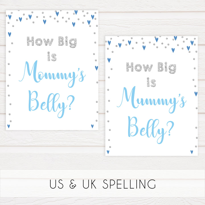 How big is mommys belly, Printable baby shower games, small blue hearts fun baby games, baby shower games, fun baby shower ideas, top baby shower ideas, silver baby shower, blue hearts baby shower ideas