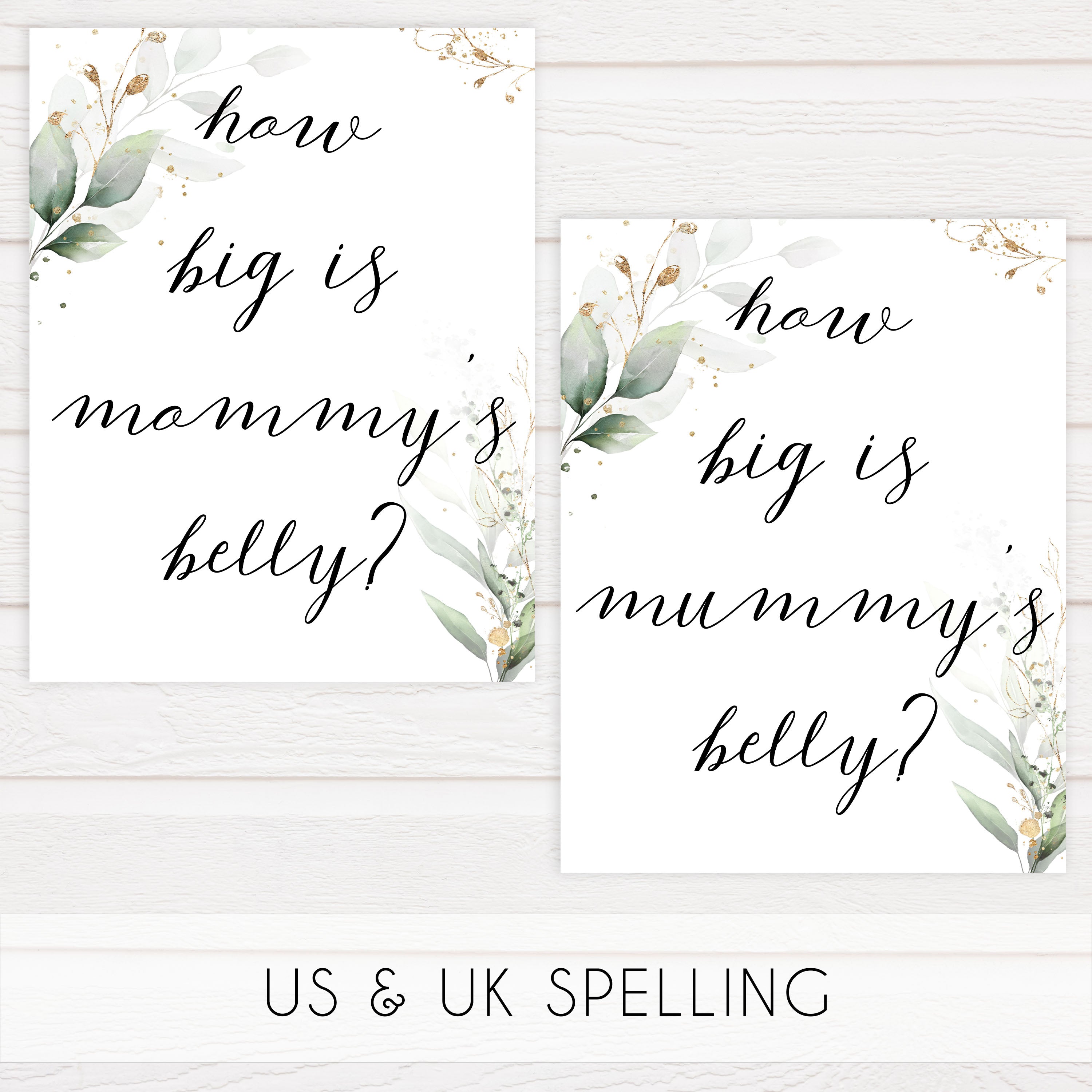 Gold green leaf baby games, how big is mommys belly, printable baby games, fun baby games, top baby games to play, gold leaf baby shower, greenery baby shower ideas